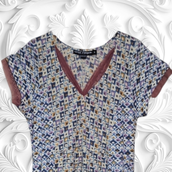 Little Journeys Chicago White Midi Dress With Purple Green Geometric Designs - Picture 3 of 5